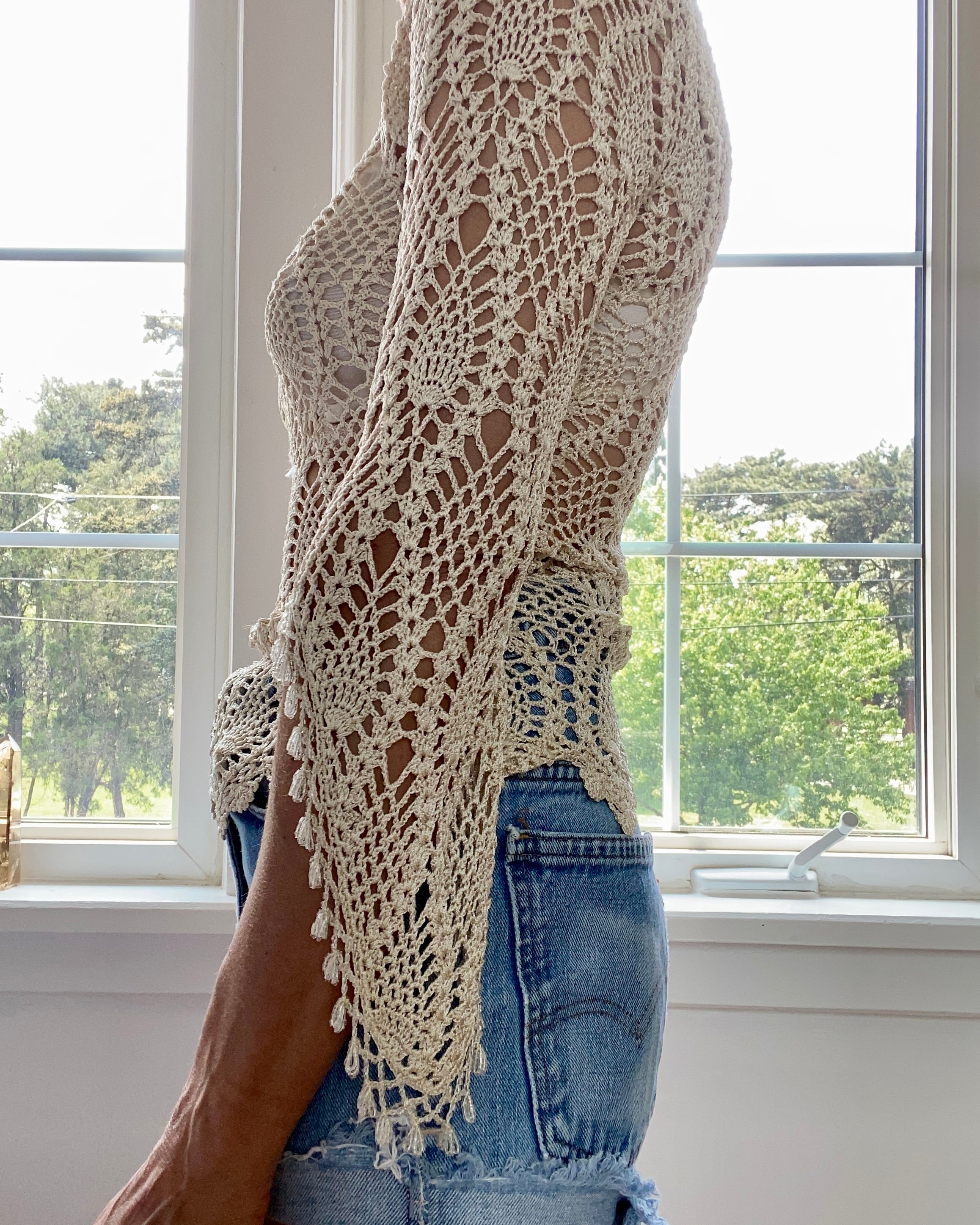 VINTAGE Tan Crochet Beaded Top