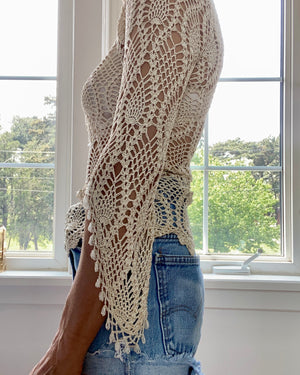 VINTAGE Tan Crochet Beaded Top