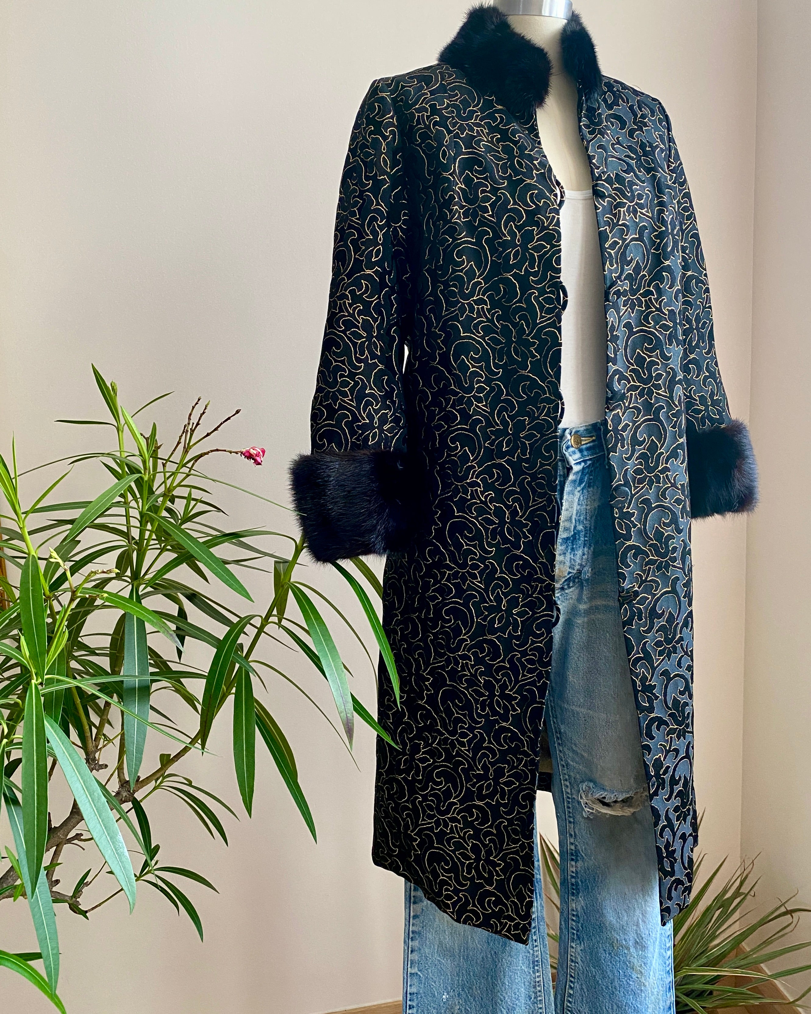 Vintage 1960s Black and Gold Floral Brocade Evening Coat with Mink Fur Trim New Condition S