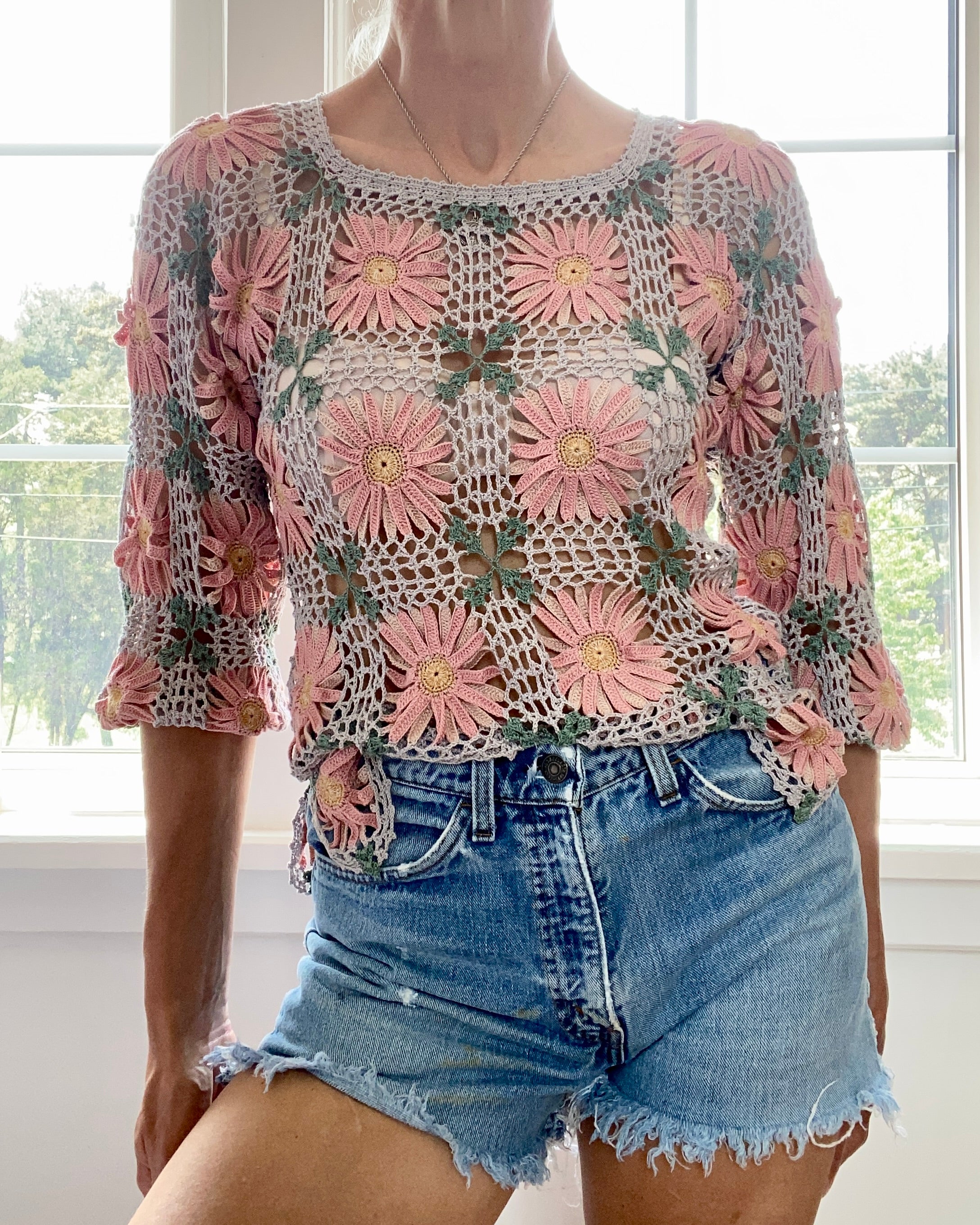 VINTAGE Pima Cotton Crochet Floral Patchwork Top