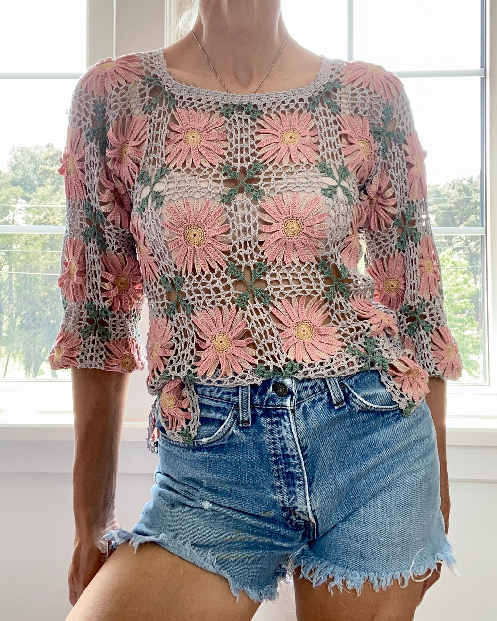 VINTAGE Pima Cotton Crochet Floral Patchwork Top