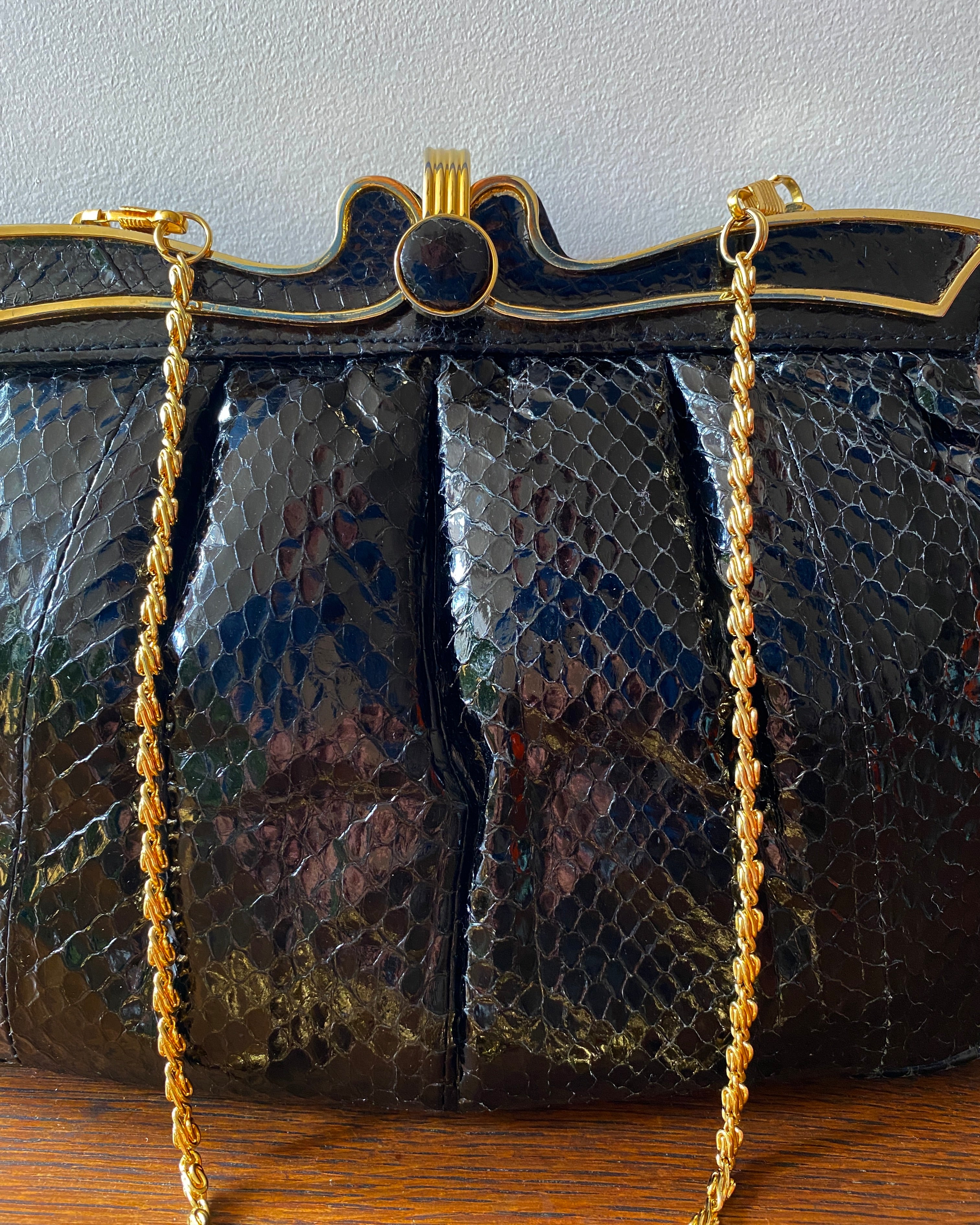 Vintage Black Snake Skin Farnell Paris Bag with Gold Chain