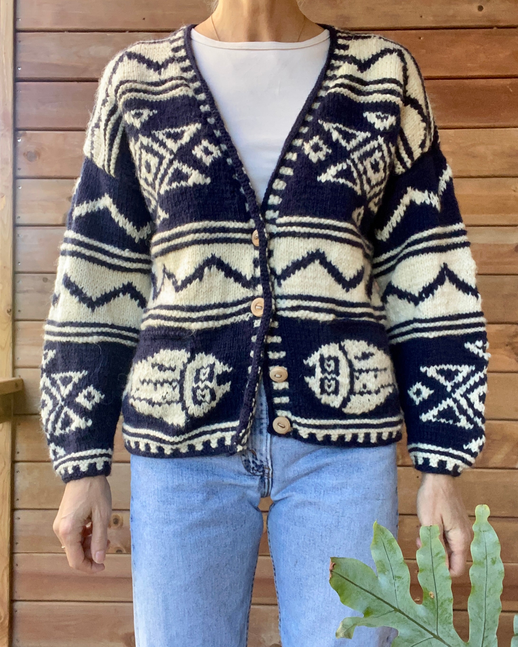 Vintage Hand Knit Navy and Cream Nautical Patterned Wool Cardigan