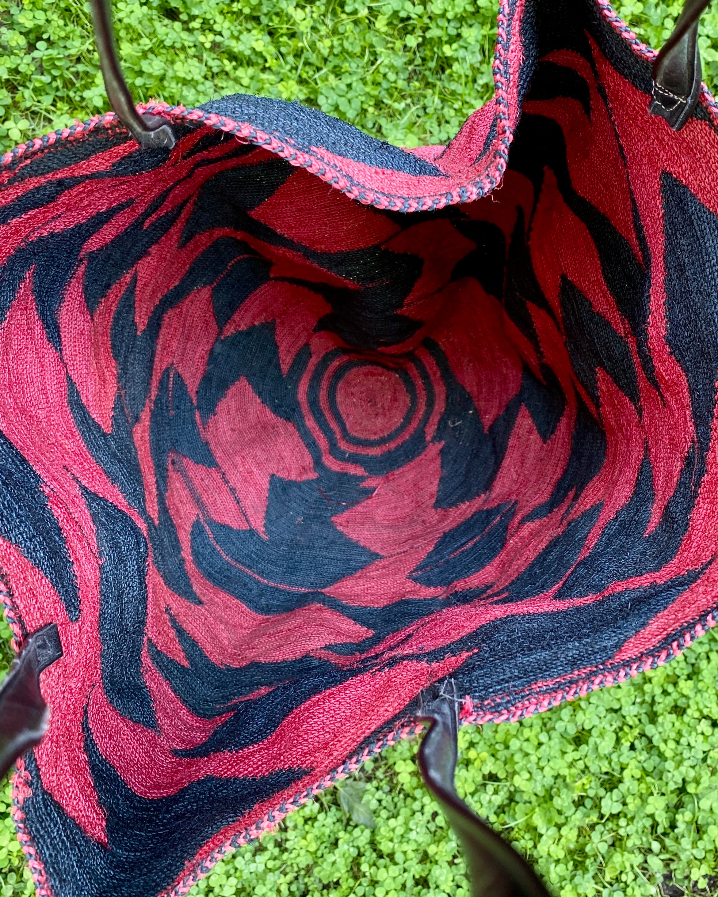 Vintage Handmade African Sisal Tote Bag Red and Black
