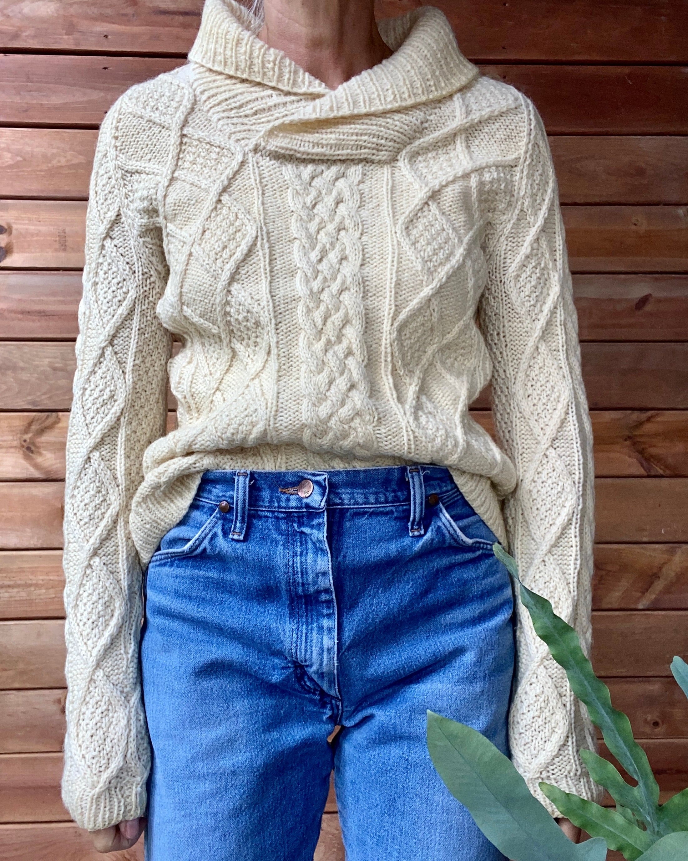Vintage Handknit Cream Irish Fisherman Cable Sweater with Shawl Collar S M