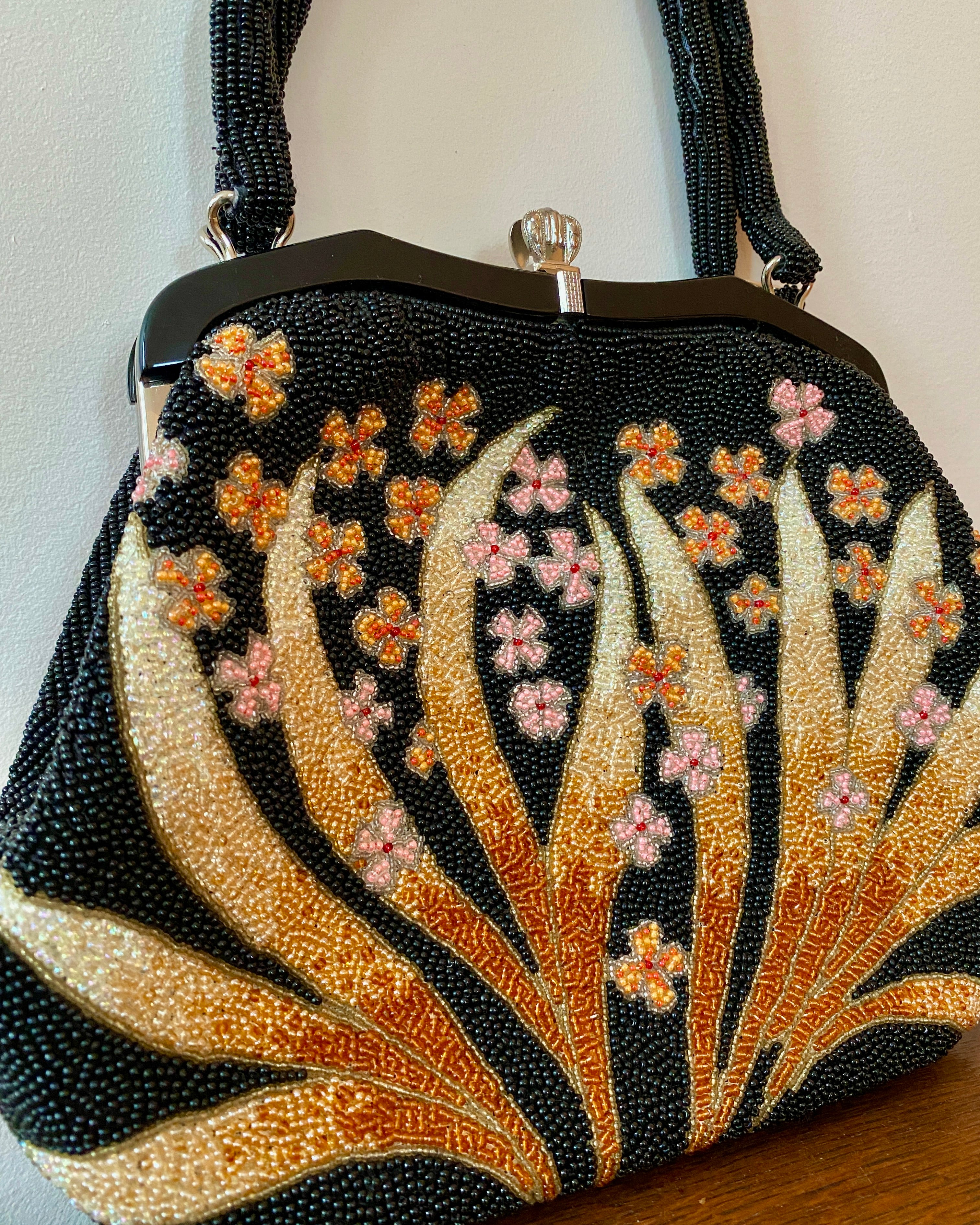 Vintage 1950s Fine Hand Beaded Black Handbag with Flower and Leaf Pattern Mint Condition