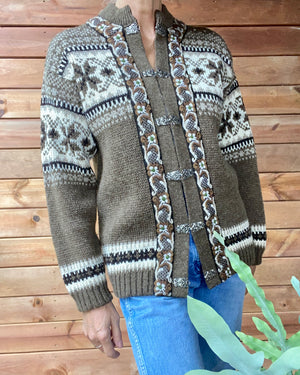 Vintage FJORD FASHION Ski Setesdal Fair Isle Norwegian Brown Sweater Cardigan M