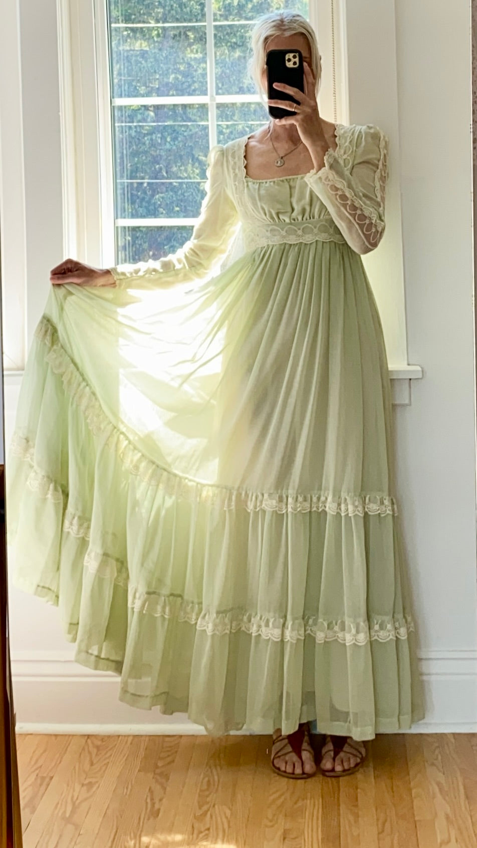 VINTAGE 1970s Gunne Sax style Fairy Tiered Sage Green Voile Lace Prairie Maxi Dress 6
