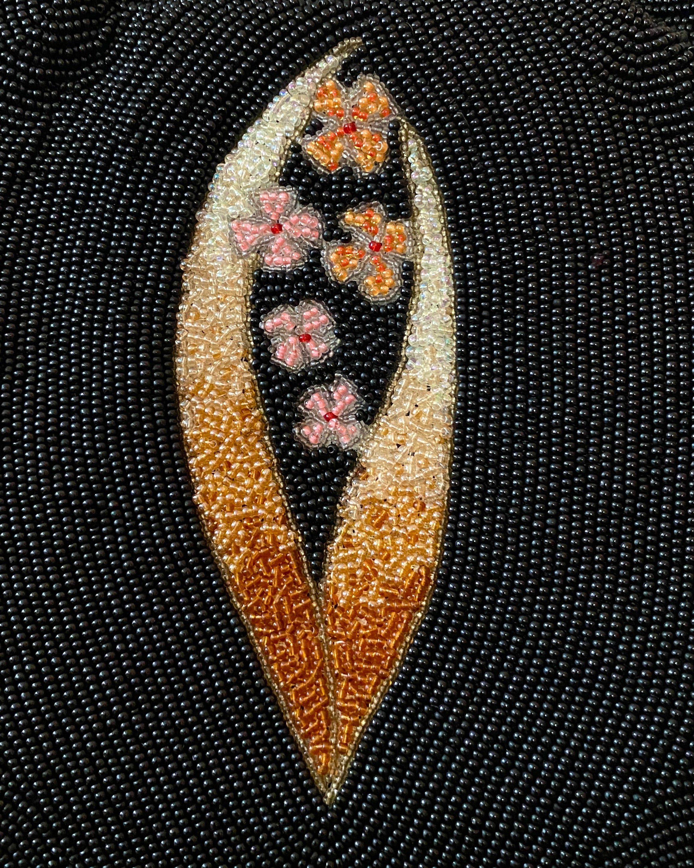 Vintage 1950s Fine Hand Beaded Black Handbag with Flower and Leaf Pattern Mint Condition