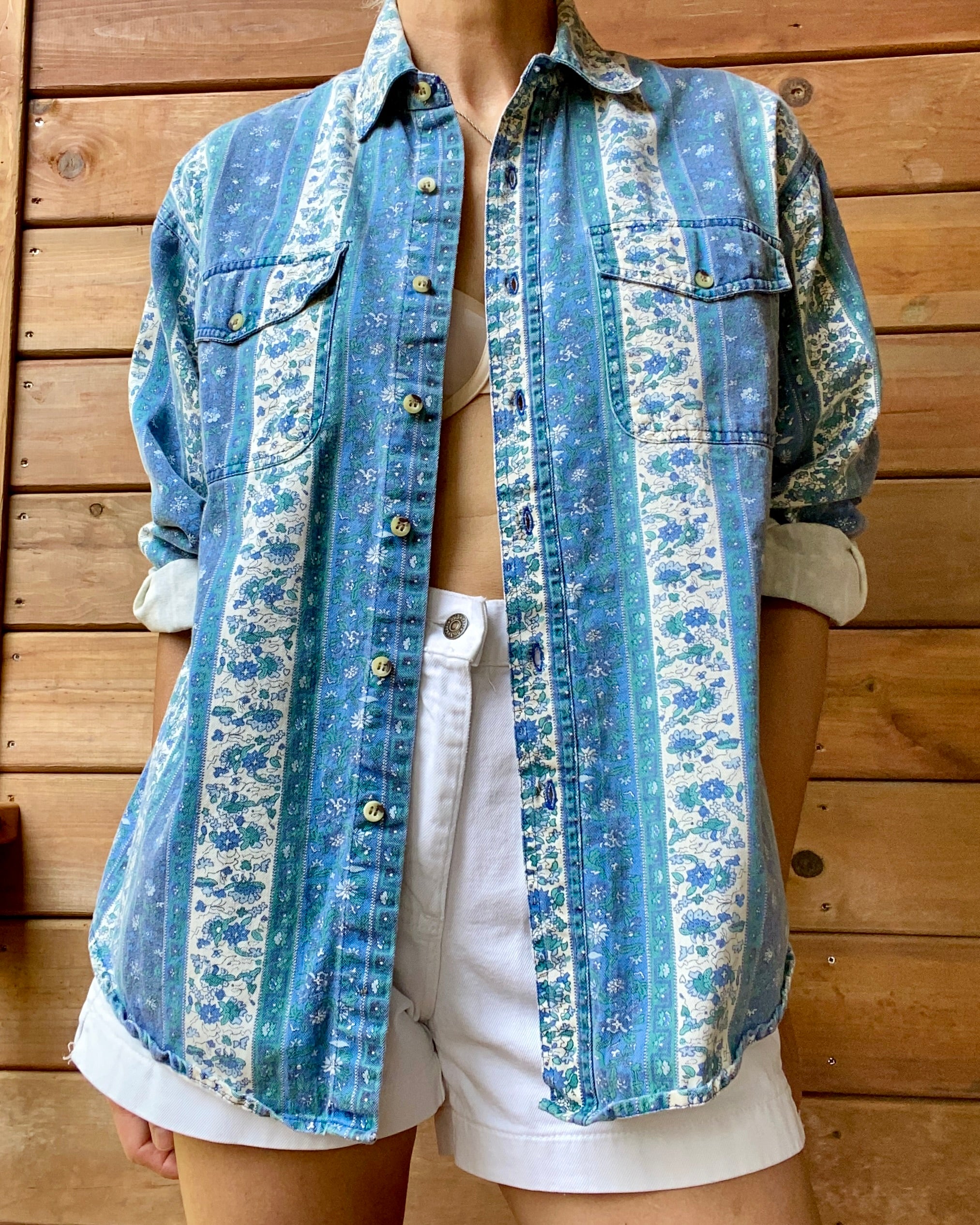 Vintage 1990s Blue Floral Print Twill Shirt size M L