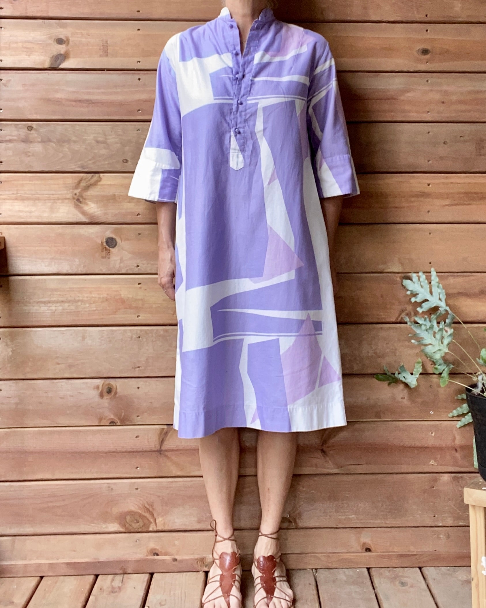 Vintage Catherine Ogust for Penthouse Gallery "Forever Dress" Abstract Geometric Pastels Purple Cotton Dress Tunic Caftan M L