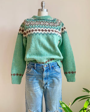 Vintage Hand Knit in New Brunswick COTTAGE CRAFT Tweeds & Yarns Fair Isle Pistachio Wool Sweater S M