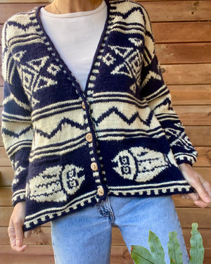 Vintage Hand Knit Navy and Cream Nautical Patterned Wool Cardigan