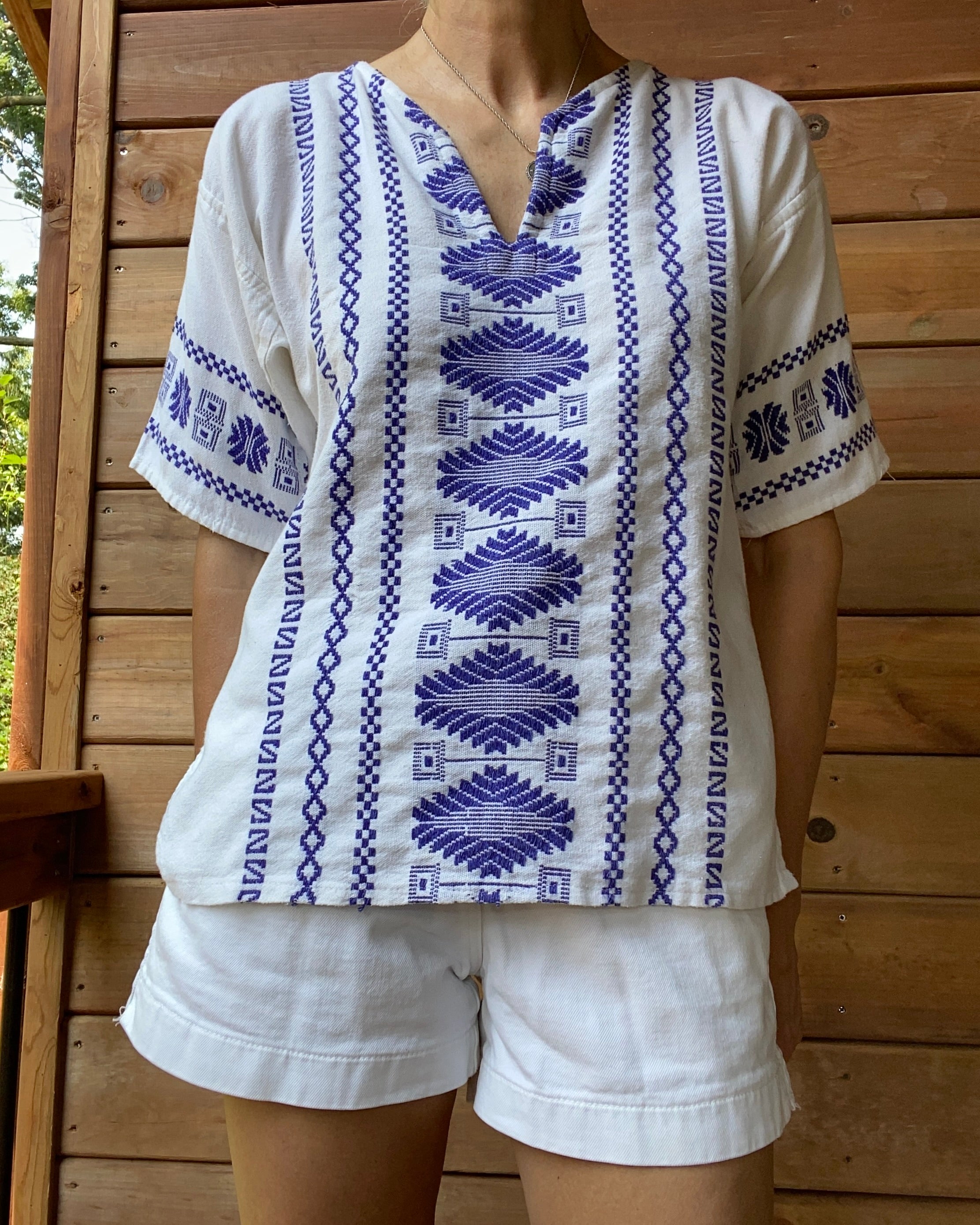 VINTAGE Cotton Guatemalan Grecian Style Embroidered Short Sleeve Surf Tunic Top M L