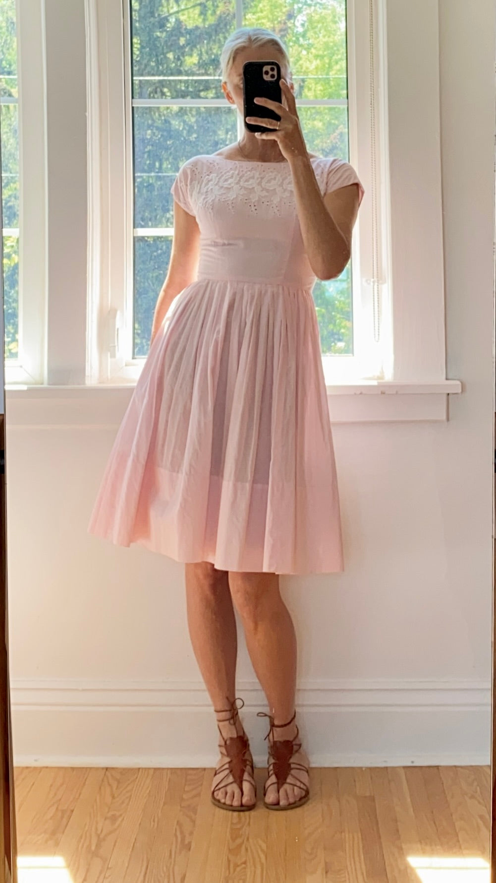 Vintage 1950s Pink Cotton and Lace and Eyelet Pleated Dress M