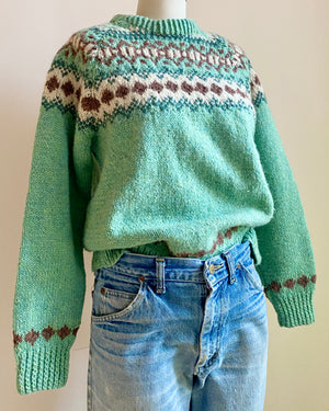 Vintage Hand Knit in New Brunswick COTTAGE CRAFT Tweeds & Yarns Fair Isle Pistachio Wool Sweater S M