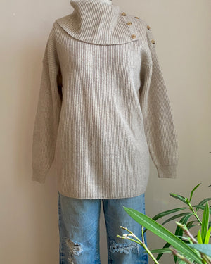 Vintage 1990s Casual Corner Tan Marle Rib Wool Angora Blend Turtleneck with Buttons Sweater M