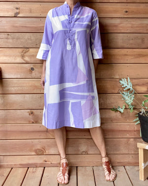 Vintage Catherine Ogust for Penthouse Gallery "Forever Dress" Abstract Geometric Pastels Purple Cotton Dress Tunic Caftan M L