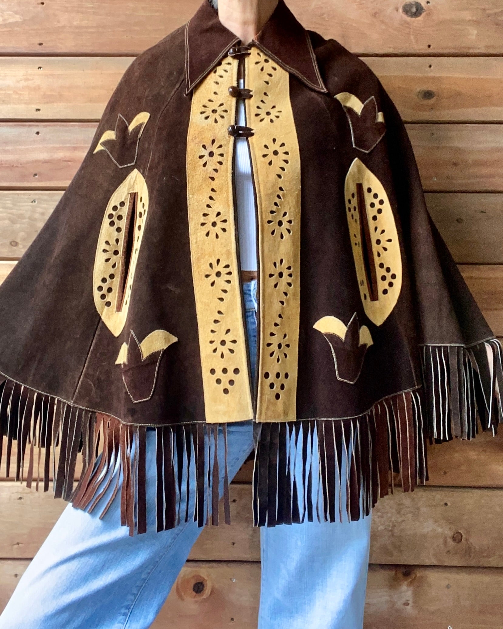 Vintage 1960s Suede Brown Fringe Cape Jacket M 6 8