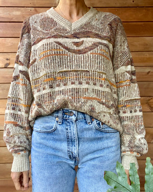 Vintage 1990s Grandpa Patterned Retro VNeck Sweater M L