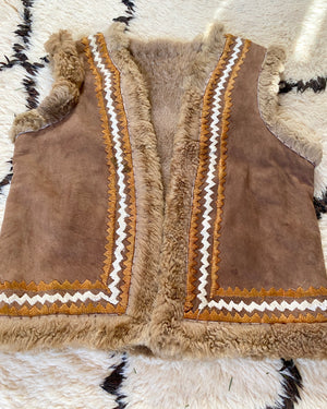 Vintage 1960s Afghan Penny Lane Shearling Suede Brown Vest with Silk Embroidery Janis Joplin Style Small or Medium