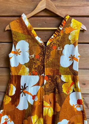 Vintage 1960s 1970s HUKILAU FASHIONS Hawaiian Cotton Barkcloth Hibiscus Mini Dress