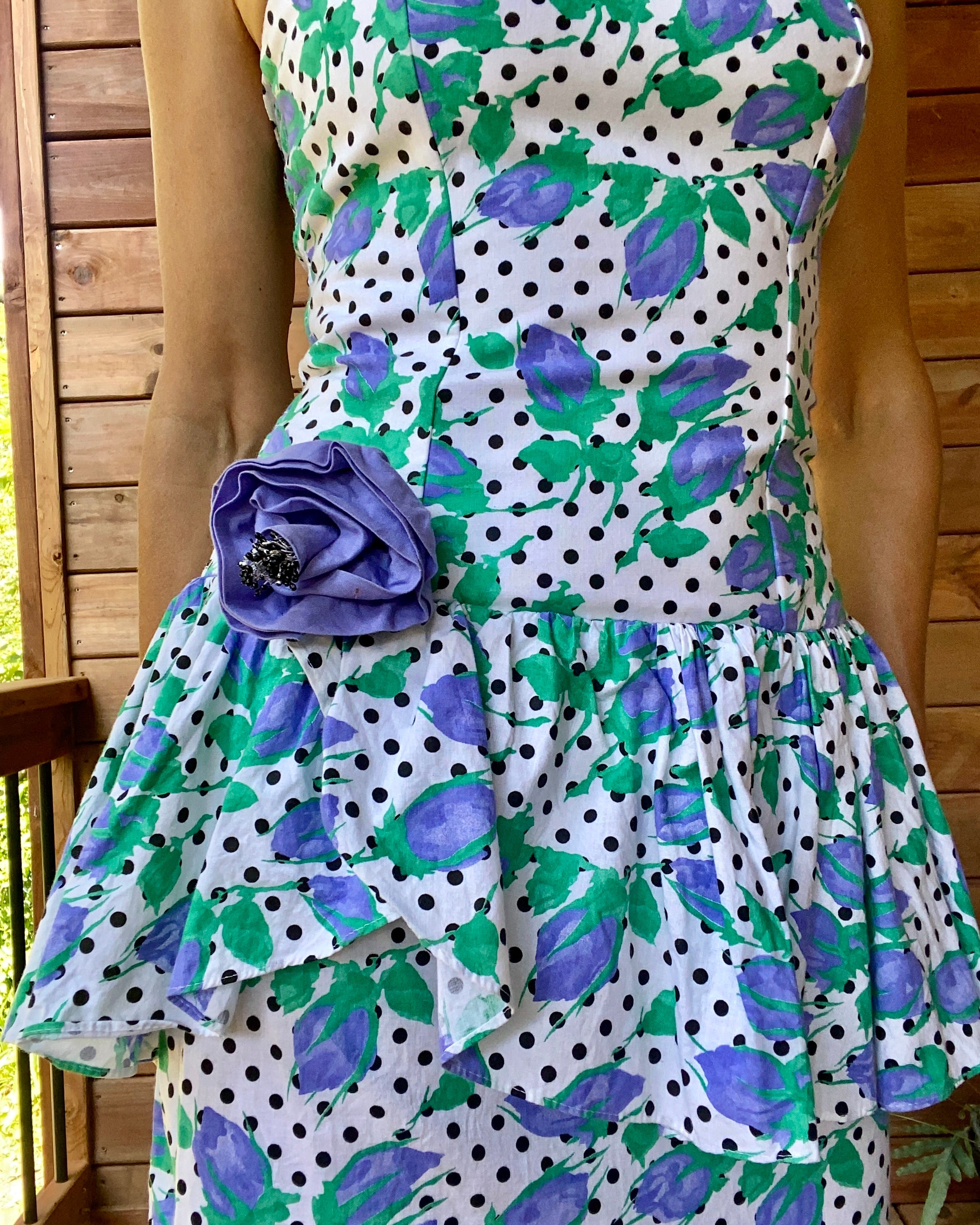 Vintage 1980s Cotton Polka Dot With Purple Rose Print Bustier Dress and Ruffle Peplum - Union Made ILGWU in USA Size M