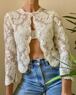 Vintage 1980s White Floral Soutache Lace On Mesh Net with Beading Top Cardigan S SM 4