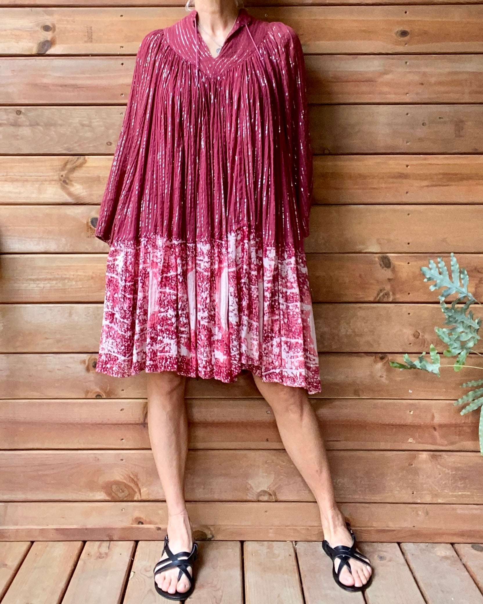 Vintage 1970s PARADIS Indian Cotton Gauze Cherry Red Batik and Lurex Dress