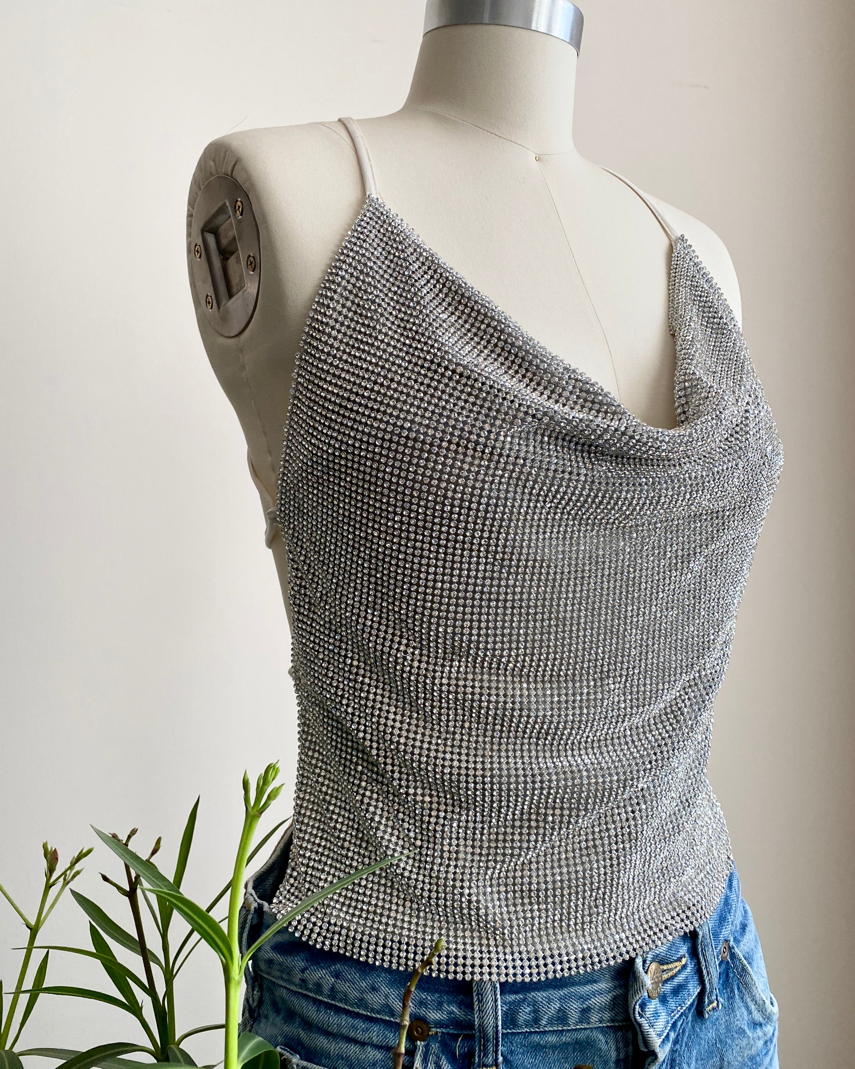 Vintage 1990s Rhinestone Chain Mail / Metal Mesh / Metal Net Cowl Neck Spaghetti Strap Top SM 4 6