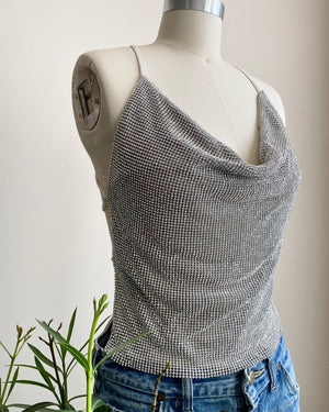 Vintage 1990s Rhinestone Chain Mail / Metal Mesh / Metal Net Cowl Neck Spaghetti Strap Top SM 4 6