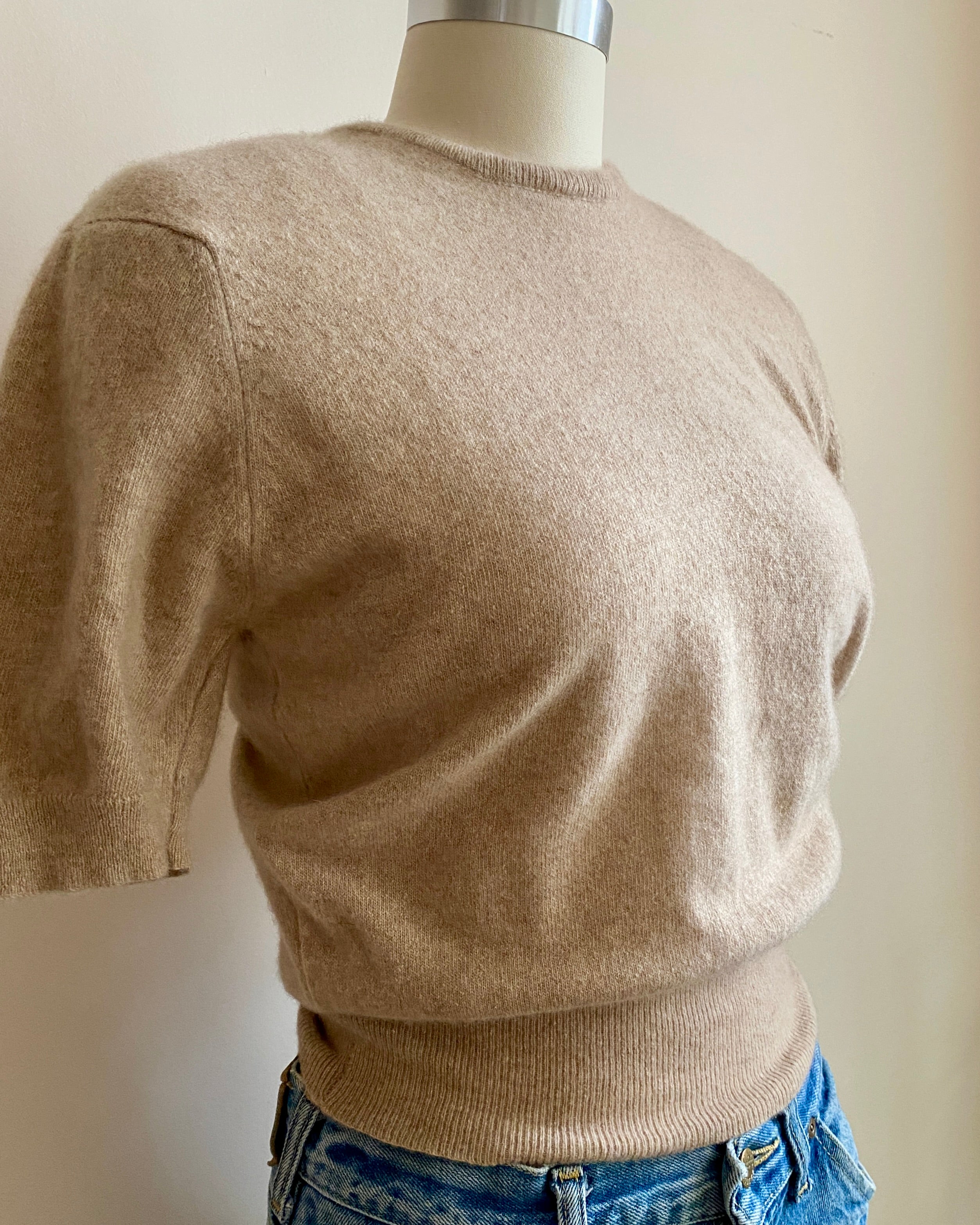 Vintage 1950s Tan 100% Cashmere Short Sleeve Sweater Made in Scotland S