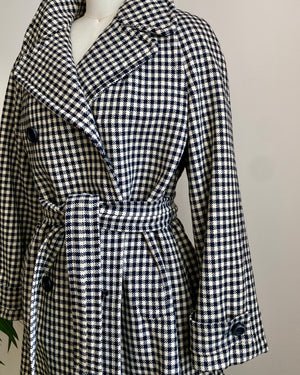 Vintage 1960s MAC CALLUM Black & Ivory Wool Scottish Tweed Check Double Breasted Coat With Belt S or M