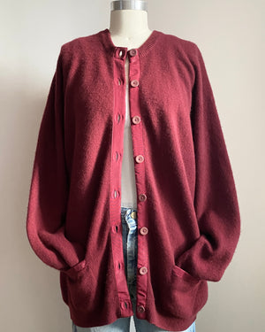 Vintage Burgundy 2ply Double ply 100% Cashmere Cardigan with Pockets and Grosgrain Detail L