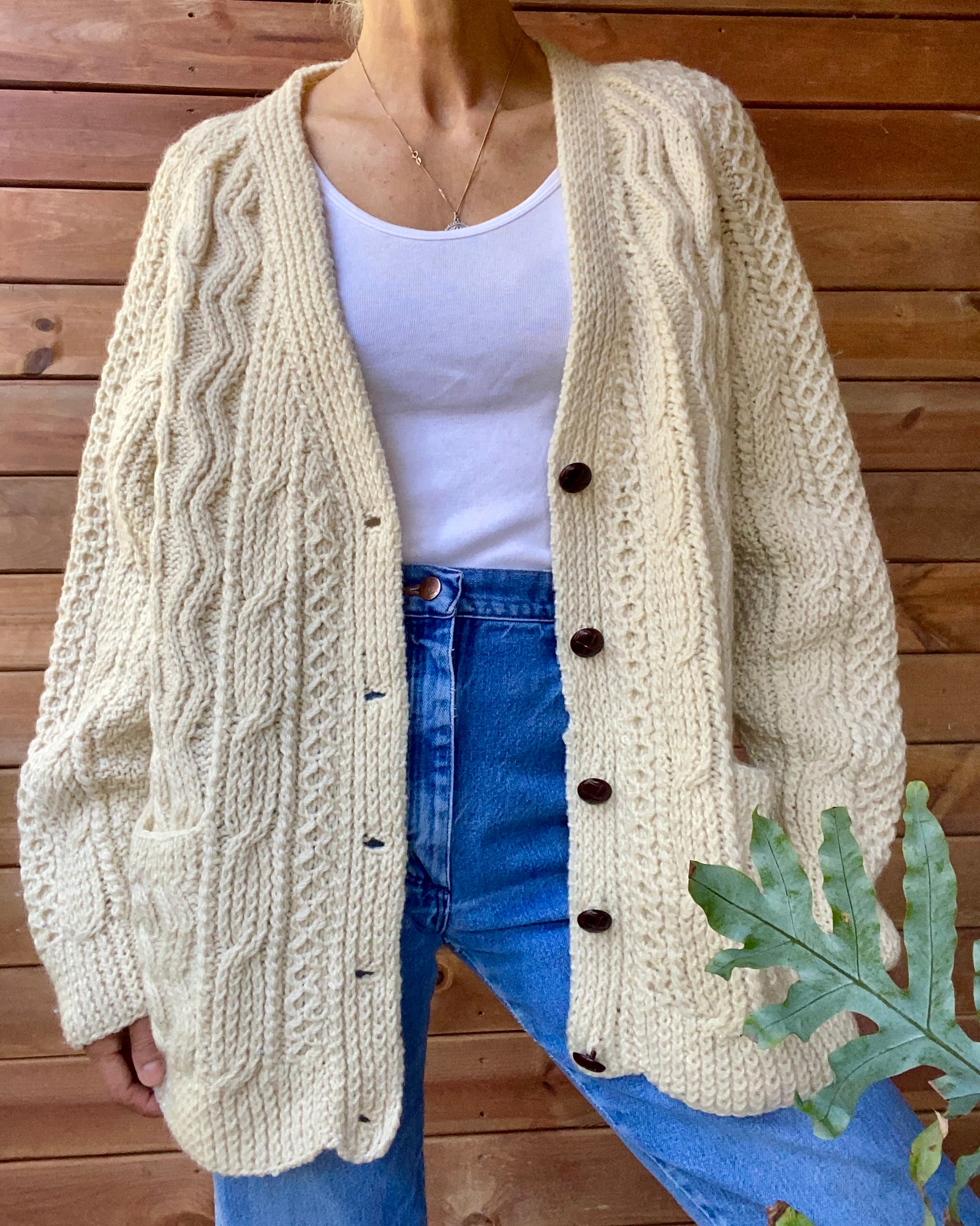 VINTAGE Handknit Fisherman Cable Wool Cardigan L
