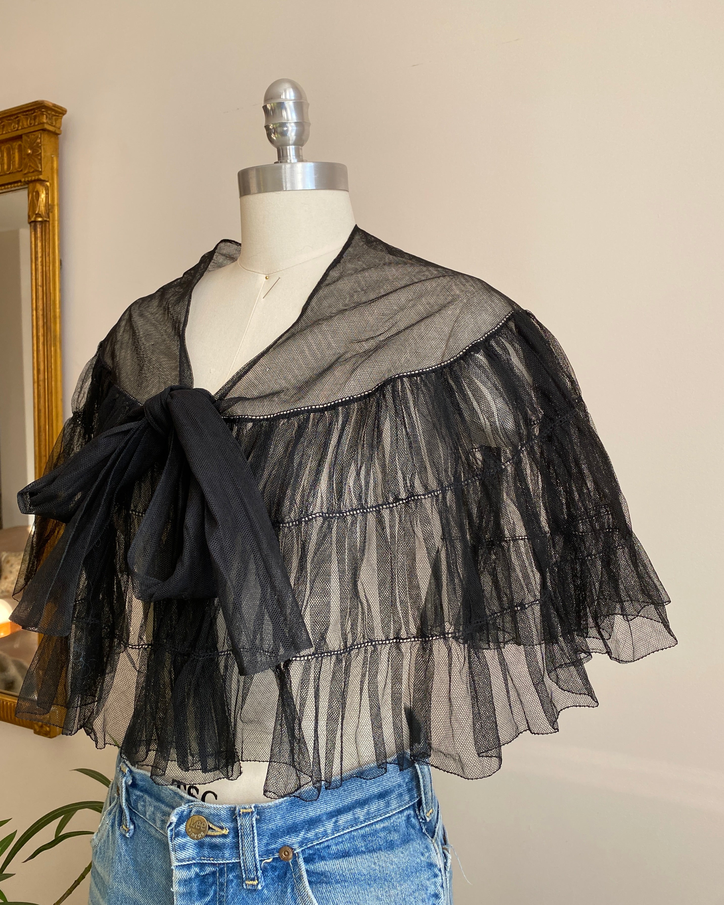 Antique Mid 1800 Victorian Black Tiered Tulle Mourning Capelet