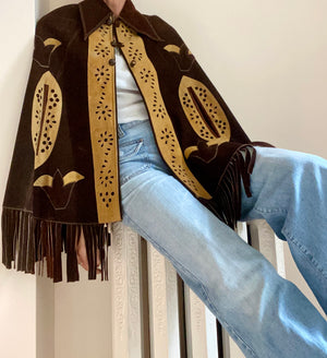 Vintage 1960s Suede Brown Fringe Cape Jacket M 6 8