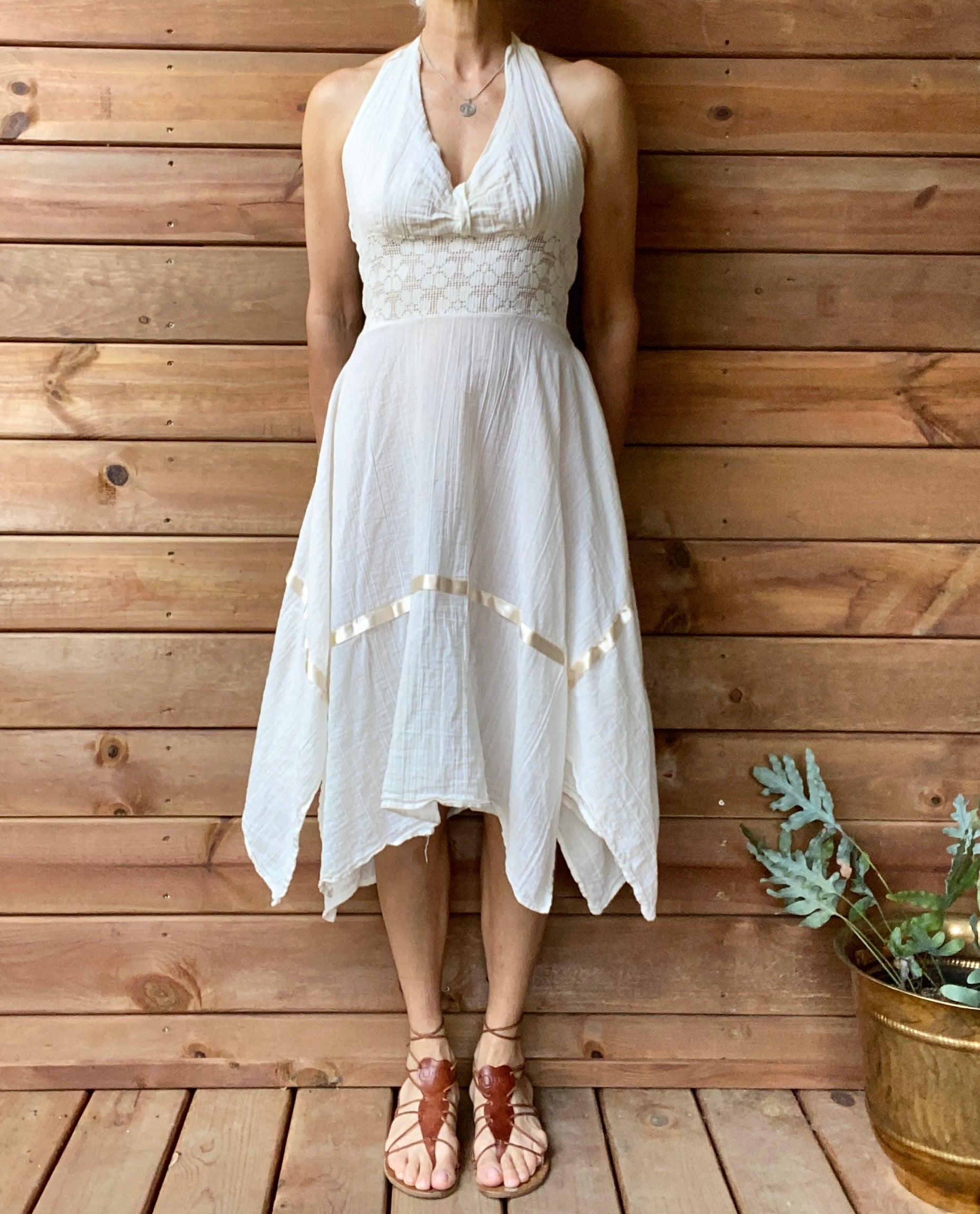Vintage Mexican Cream Cotton Gauze With Crochet and Ribbon Handkerchief Halter Dress L