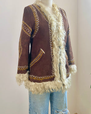 Vintage 1960s Afghan Shearling Suede Brown Penny Lane Coat Jacket with Silk Embroidery XS Janis Joplin Jimmy Hendrix Style