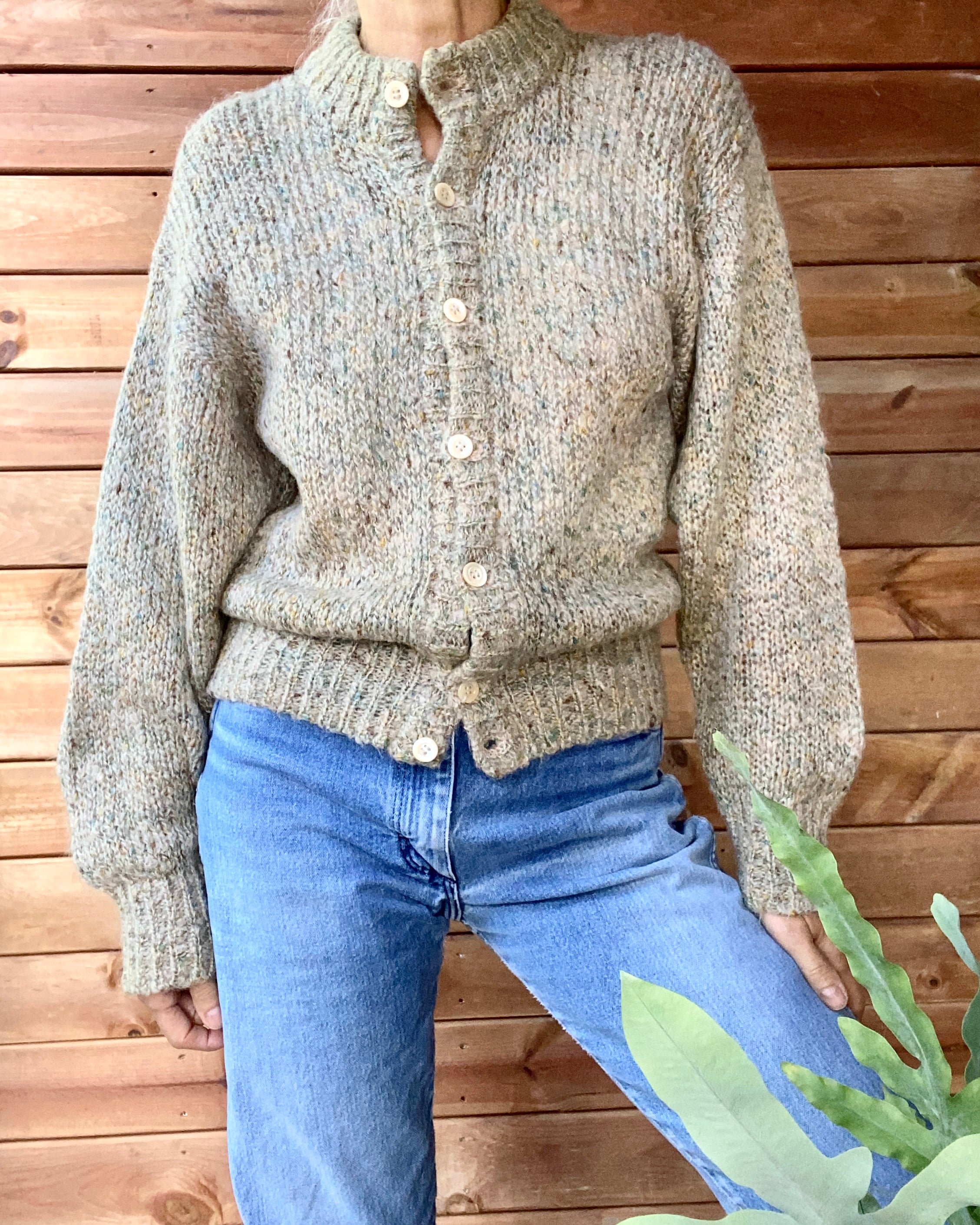 Vintage 1980s Salvatore Ferragamo Oatmeal Marle Mohair Cardigan Sweater M