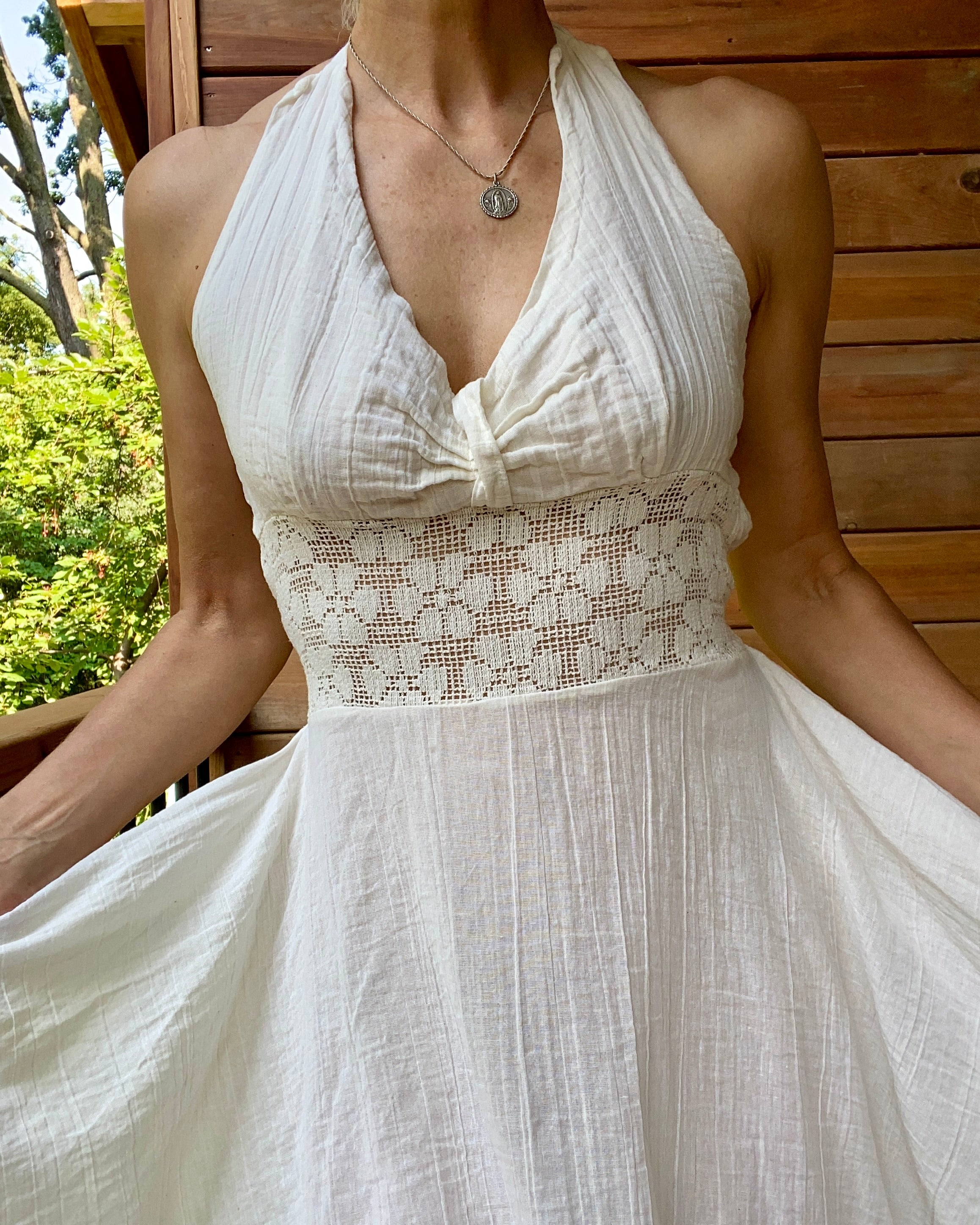 Vintage Mexican Cream Cotton Gauze With Crochet and Ribbon Handkerchief Halter Dress L