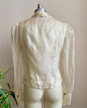 Vintage 1990s MISS TORRENTE Sheer Ivory 100% Silk Organza Blouse With gathered Sleeves 40 M