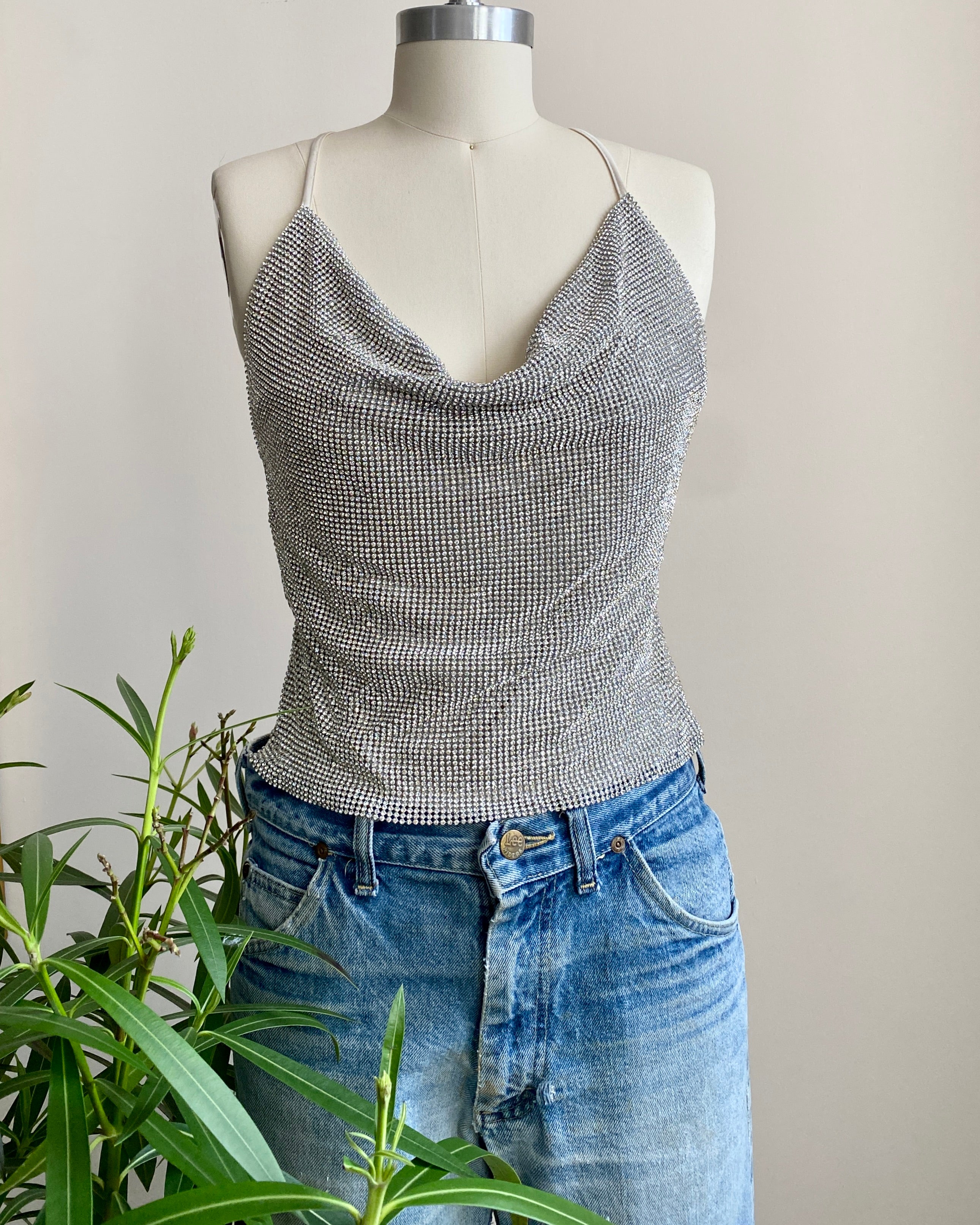 Vintage 1990s Rhinestone Chain Mail / Metal Mesh / Metal Net Cowl Neck Spaghetti Strap Top SM 4 6