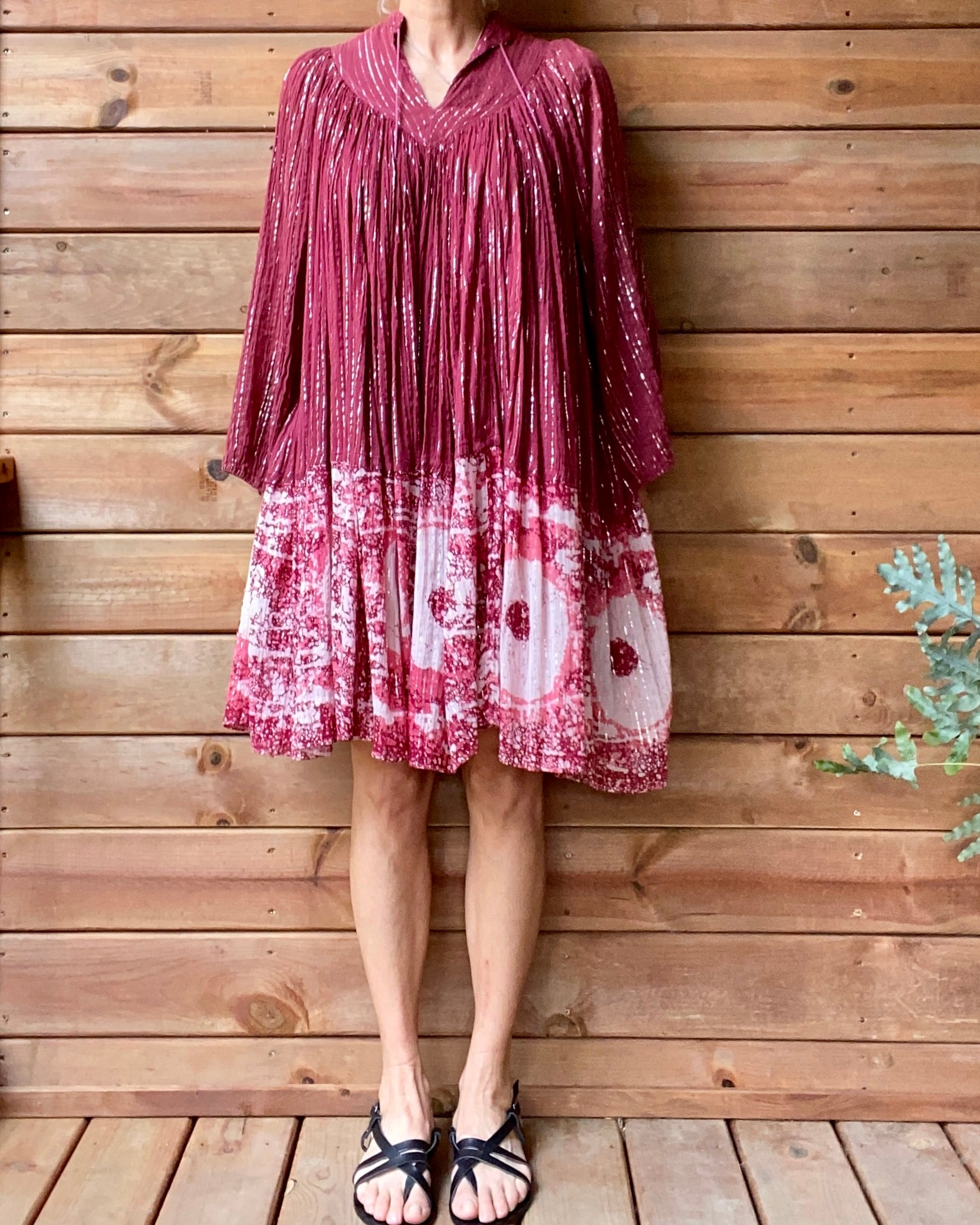 Vintage 1970s PARADIS Indian Cotton Gauze Cherry Red Batik and Lurex Dress