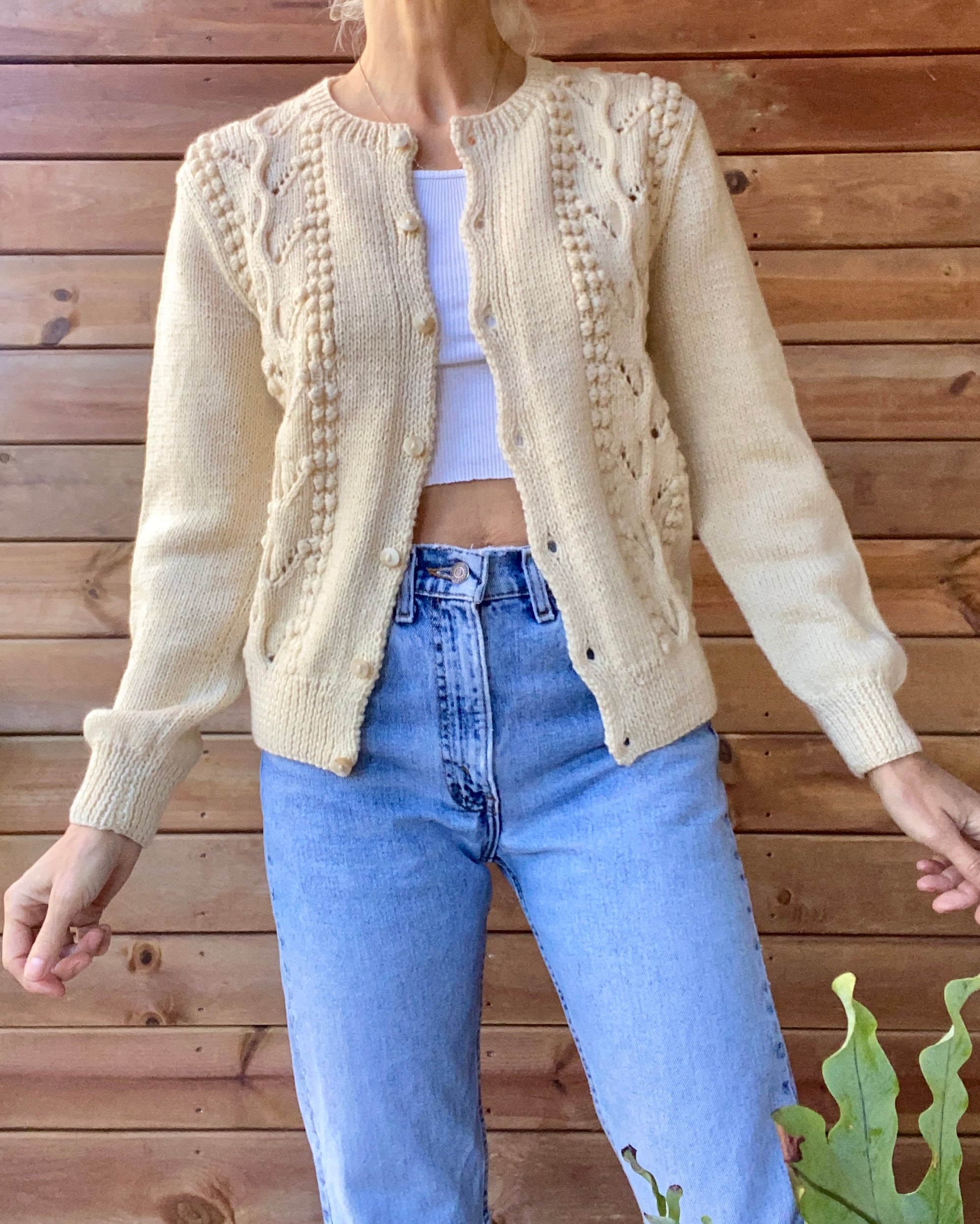 Vintage Handknit Cream Pointelle Cable Sweater Cardigan M