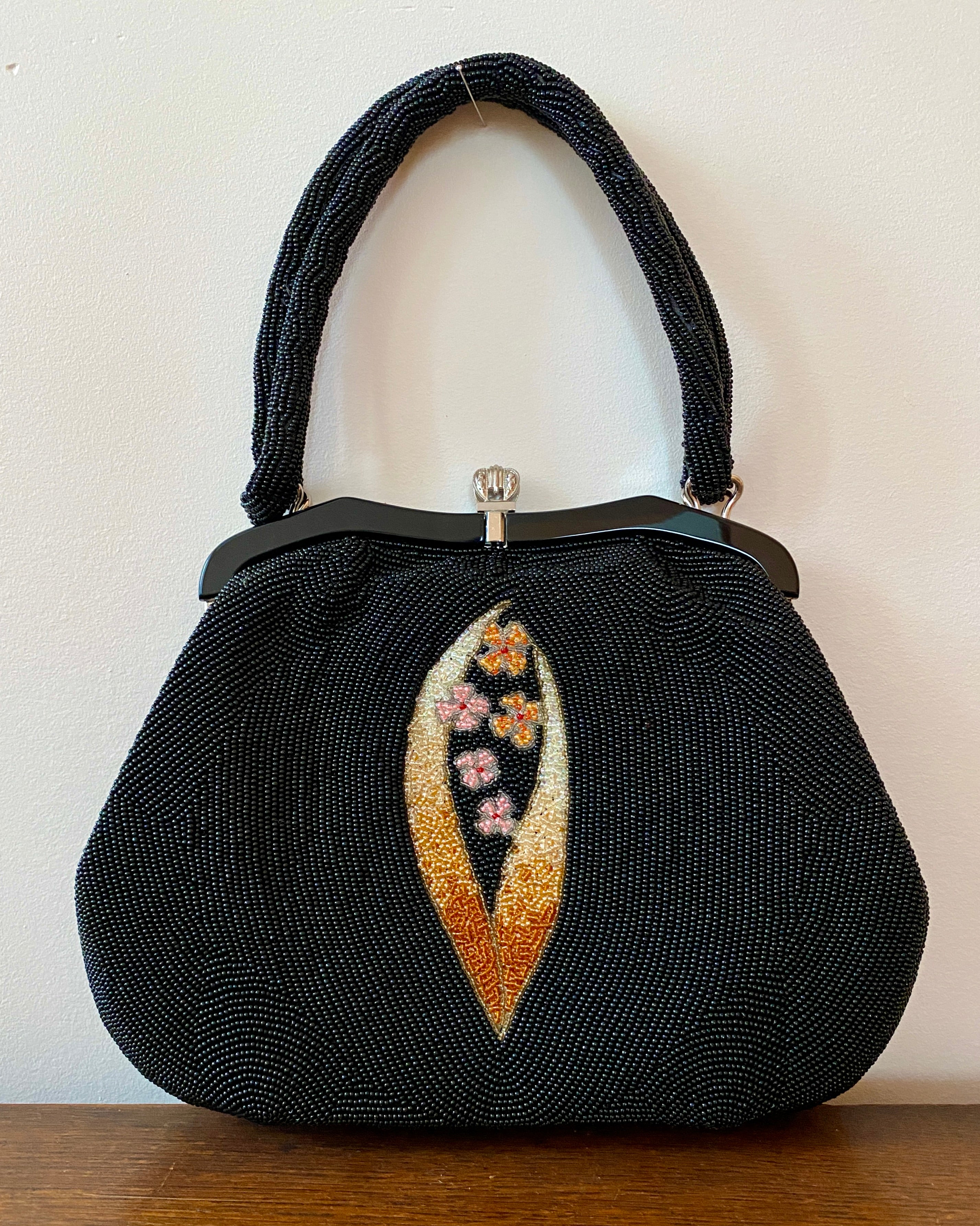 Vintage 1950s Fine Hand Beaded Black Handbag with Flower and Leaf Pattern Mint Condition