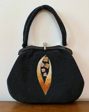 Vintage 1950s Fine Hand Beaded Black Handbag with Flower and Leaf Pattern Mint Condition