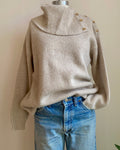 Vintage 1990s Casual Corner Tan Marle Rib Wool Angora Blend Turtleneck with Buttons Sweater M