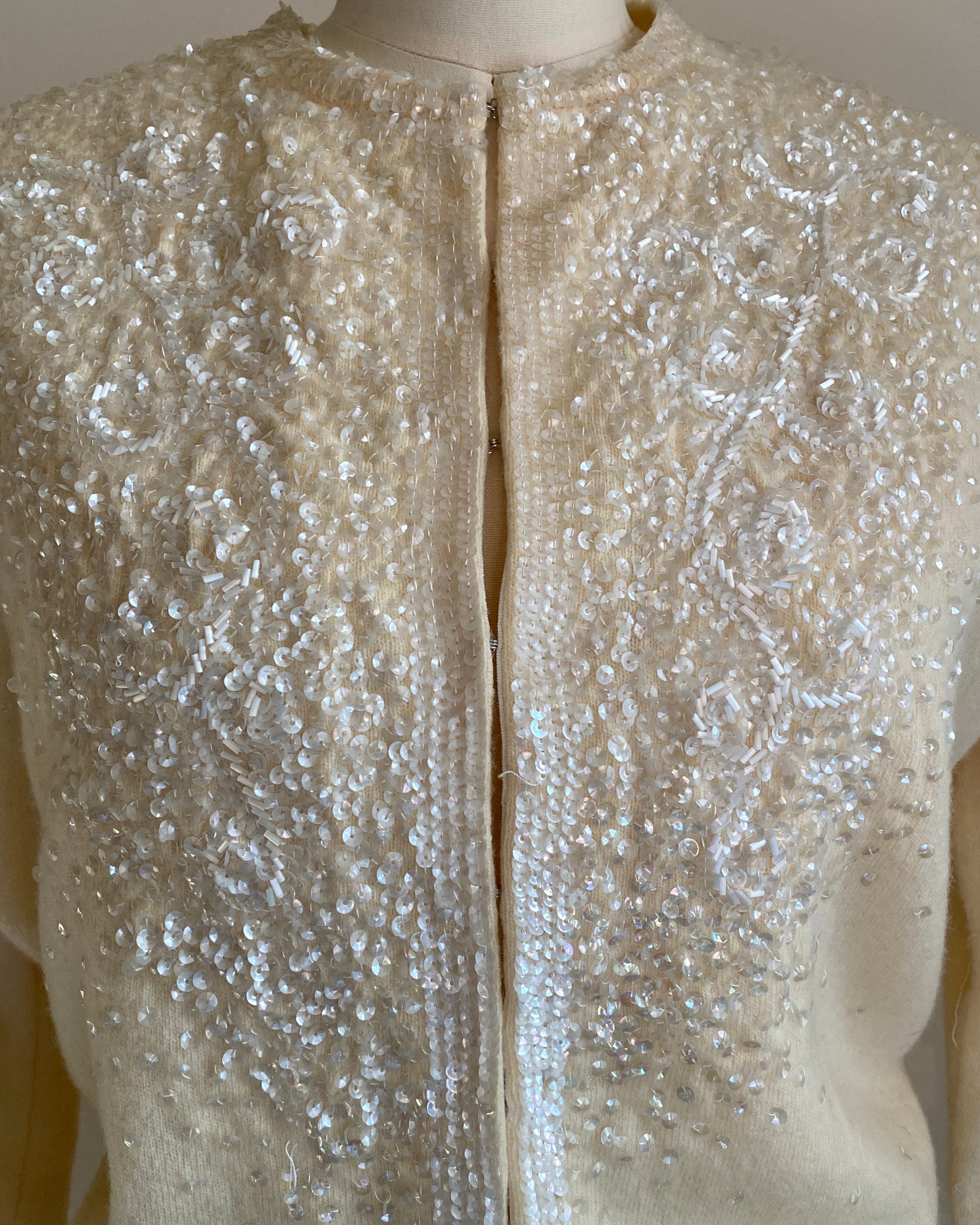 Vintage 1950s Hand Beaded Sequins Wool Cardigan Hong Kong M 6 8