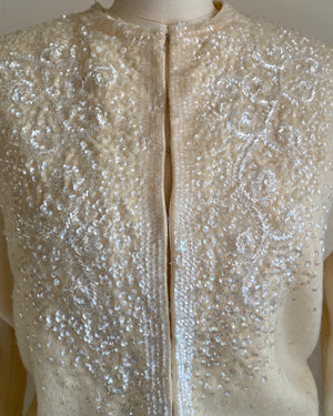 Vintage 1950s Hand Beaded Sequins Wool Cardigan Hong Kong M 6 8